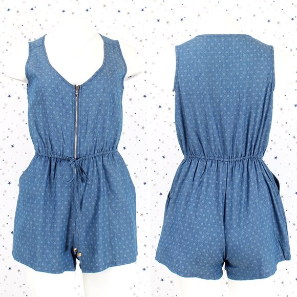 Pants - Sleeveless Denim Romper Zipper Front